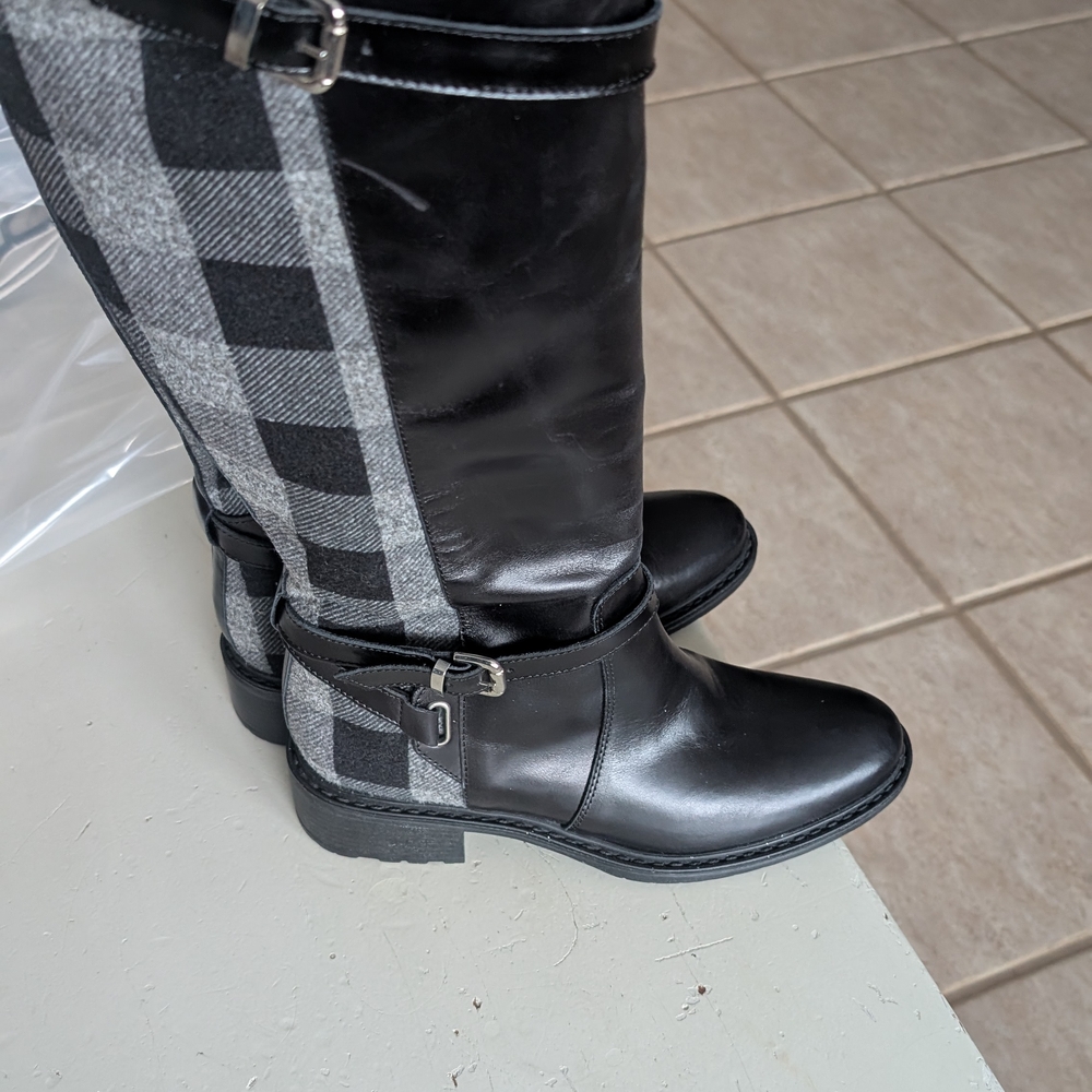 New Charles David Women's Black tall Leather and Gray Plaid Boots 6.5